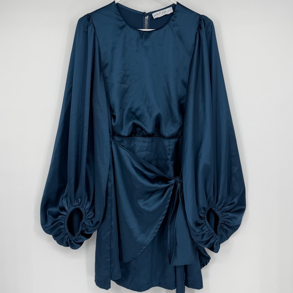 Petal + Pup Opal Teal Satin Balloon Sleeve Wrap Mini Dress US 8